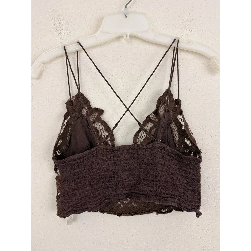 Free People FP One Crochet Lingerie Top L Brown Lace Boho Strappy V-Neck Cropped